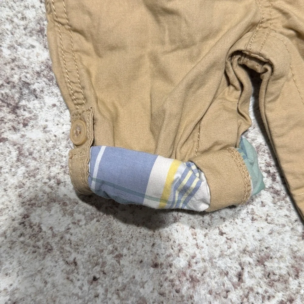 OshKosh B'gosh Beige Overalls with Green Plaid Shirt